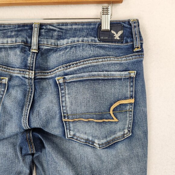 American Eagle Jeans Womens 12 Blue Artist Flare Distressed Mid Rise Stretch - Picture 9 of 13